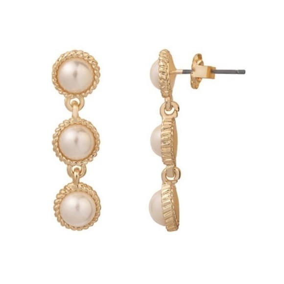 Draper James New Gold Tone Simulated Pearl Linear Nickel Free Drop Earrings - Picture 1 of 3